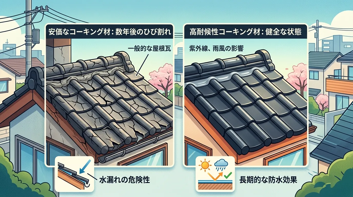 屋根に使用した安価なコーキング材が数年でひび割れている写真と、高耐候性コーキング材の健全な状態を比較した写真]