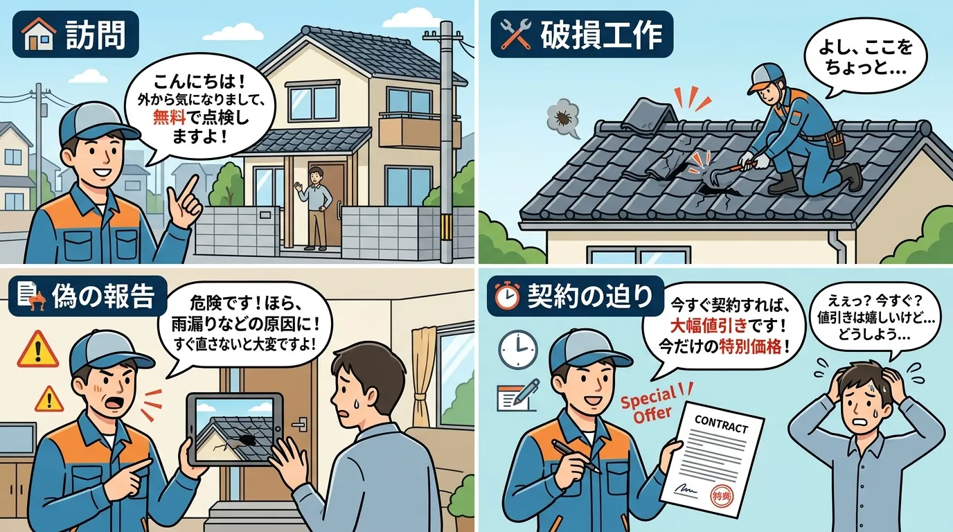 現代日本をベースに、日本人や日本の風景を使用すること, 屋根修理の悪質な飛び込み営業の手口を解説する4コマ形式のインフォグラフィック。フラットデザインのデジタルイラストで描く。1コマ目：作業着の業者が