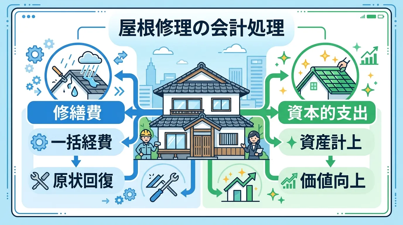 現代日本をベースに、日本人や日本の風景を使用すること, インフォグラフィック。「屋根修理の会計処理」というタイトルで、中央の家のイラストから左右に分岐する比較図。左側は青色基調で「修繕費」の項目とし、