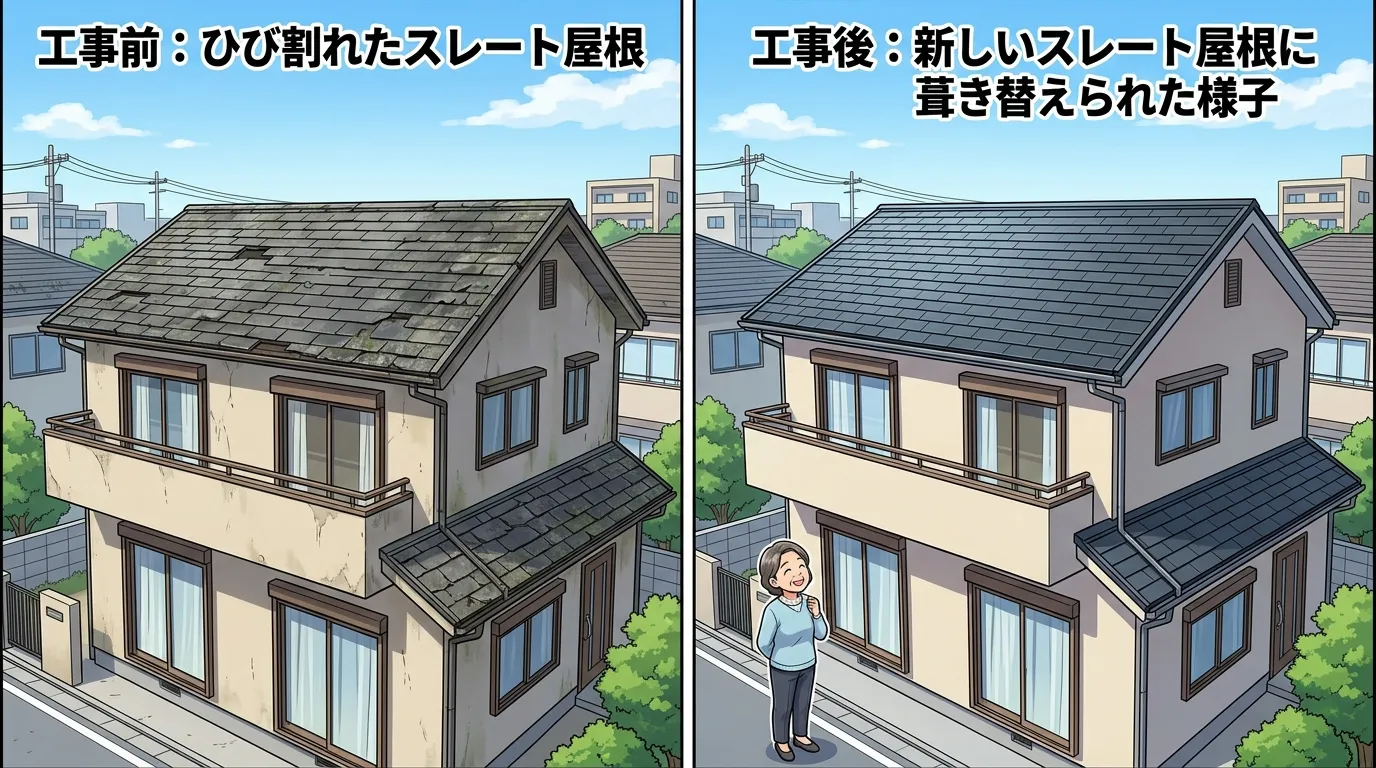 工事前後の写真のサンプル。左に「工事前：ひび割れたスレート屋根」、右に「工事後：新しいスレート屋根に葺き替えられた様子」を並べ、原状回復であることが一目でわかるような比較画像。]