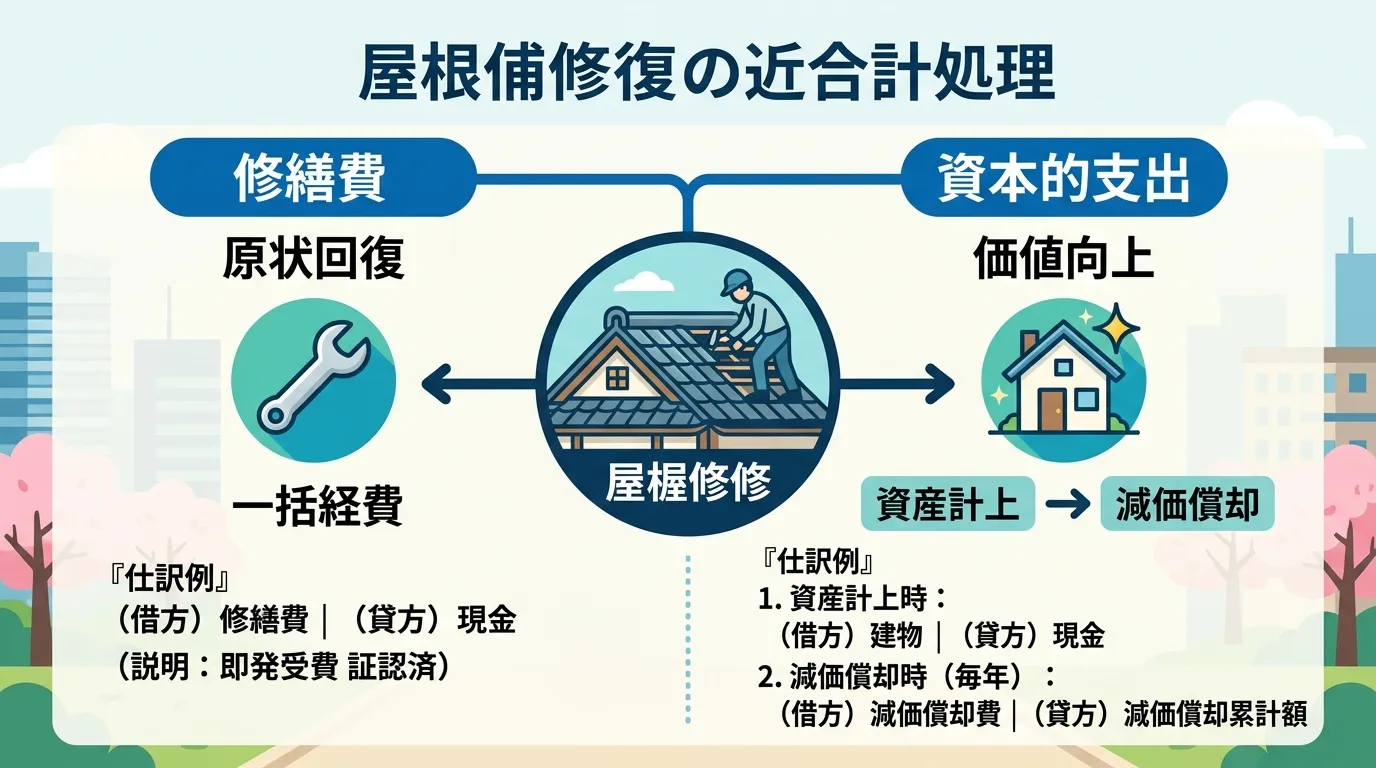 現代日本をベースに、日本人や日本の風景を使用すること, 「屋根修理の会計処理」をテーマにしたインフォグラフィック。中央の「屋根修理」アイコンから左右に分岐する比較図。左は「修繕費」：原状回復が目的で、