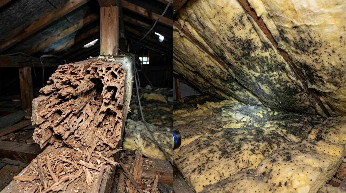 シロアリに食い荒らされてスカスカになった木材と、屋根裏の断熱材にびっしりと生えた黒カビの写真]