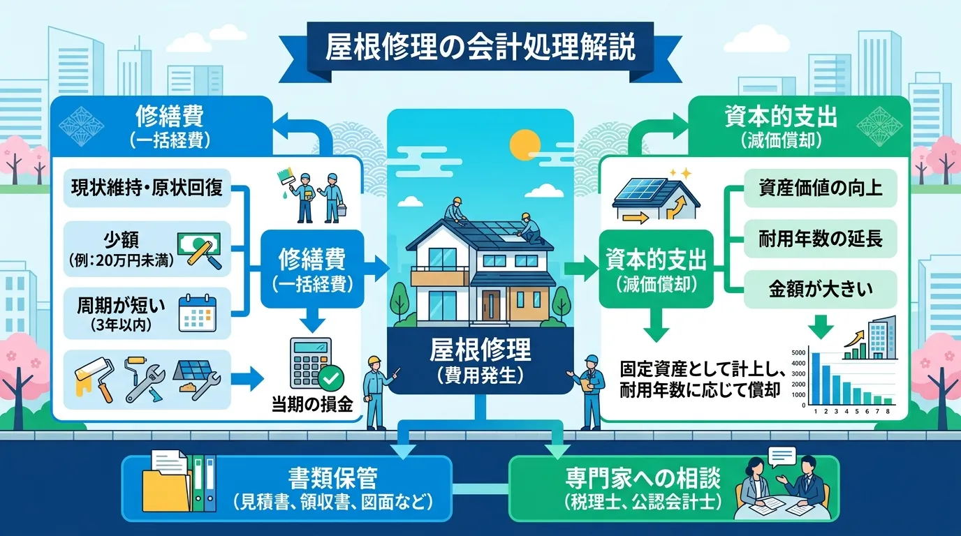現代日本をベースに、日本人や日本の風景を使用すること, 屋根修理の会計処理を解説するインフォグラフィック。中央の「屋根修理」から左の「修繕費（一括経費）」と右の「資本的支出（減価償却）」に分岐するフロ