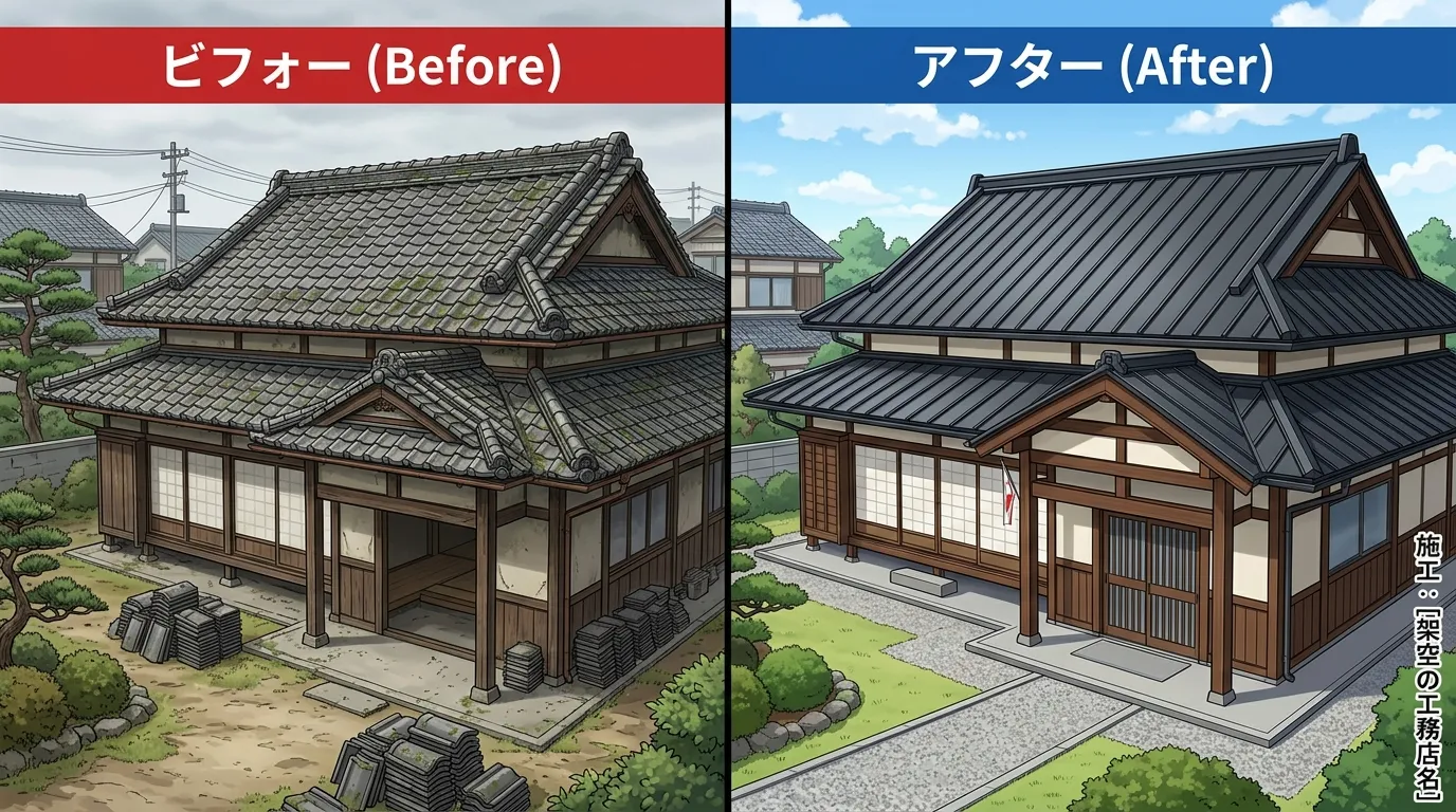 葺き替え工事で古い瓦屋根から新しいガルバリウム鋼板の屋根に生まれ変わった住宅のビフォー・アフター写真]
