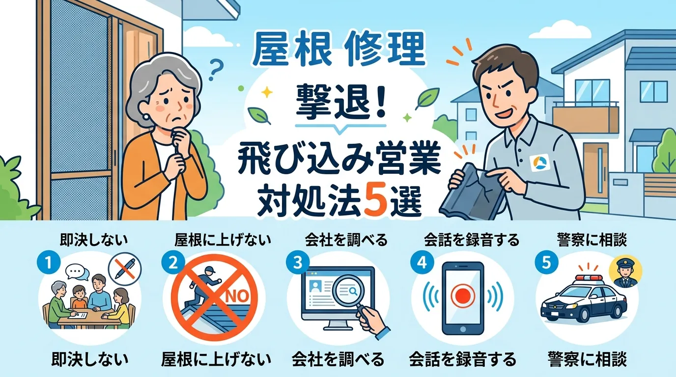 現代日本をベースに、日本人や日本の風景を使用すること, 「屋根修理の飛び込み営業への対処法」をテーマにしたステップ形式のインフォグラフィック。中央に「撃退！飛び込み営業対処法5選」と日本語でタイトルを