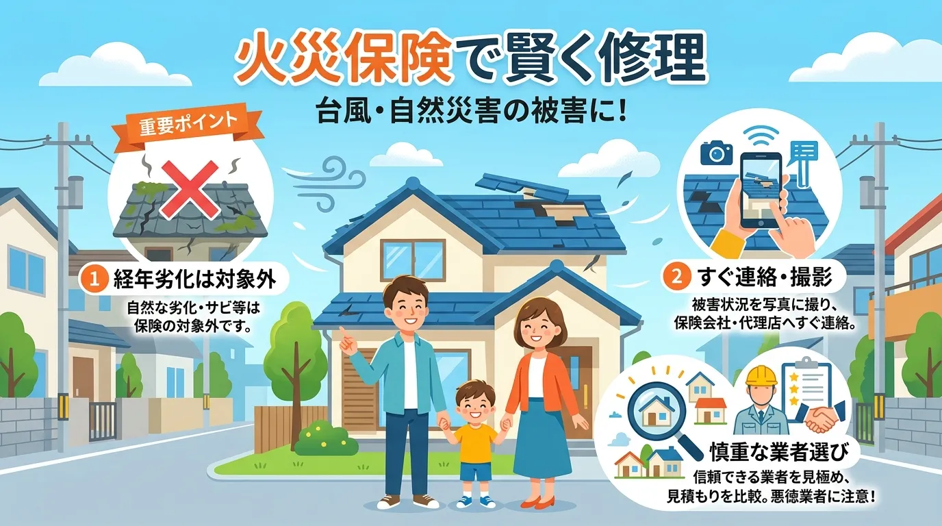 現代日本をベースに、日本人や日本の風景を使用すること, 「屋根修理の火災保険申請」をテーマにしたインフォグラフィック。中央に台風で少し壊れた屋根の家と安心した表情の家族を配置。その周りに「重要ポイント