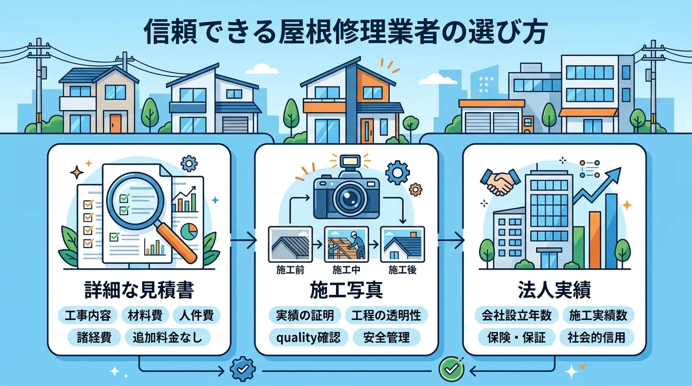 現代日本をベースに、日本人や日本の風景を使用すること, インフォグラフィック、「信頼できる屋根修理業者の選び方」というタイトル。フラットデザインのデジタルイラストで、3つのチェックポイントを横並びに図
