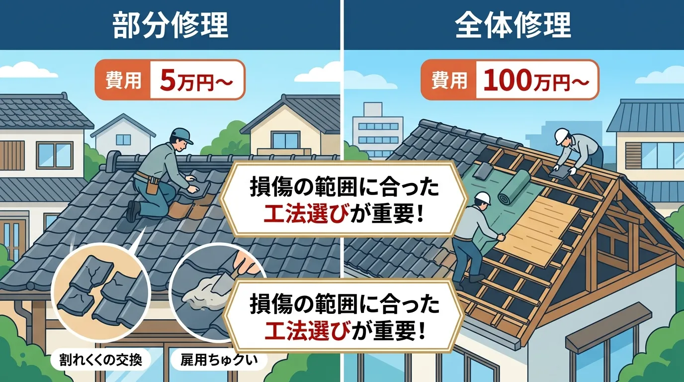 現代日本をベースに、日本人や日本の風景を使用すること, 瓦屋根の雨漏り修理費用を解説するインフォグラフィック。画面を左右に分割した比較図で、左に「部分修理」、右に「全体修理」を配置する。【左:部分修理