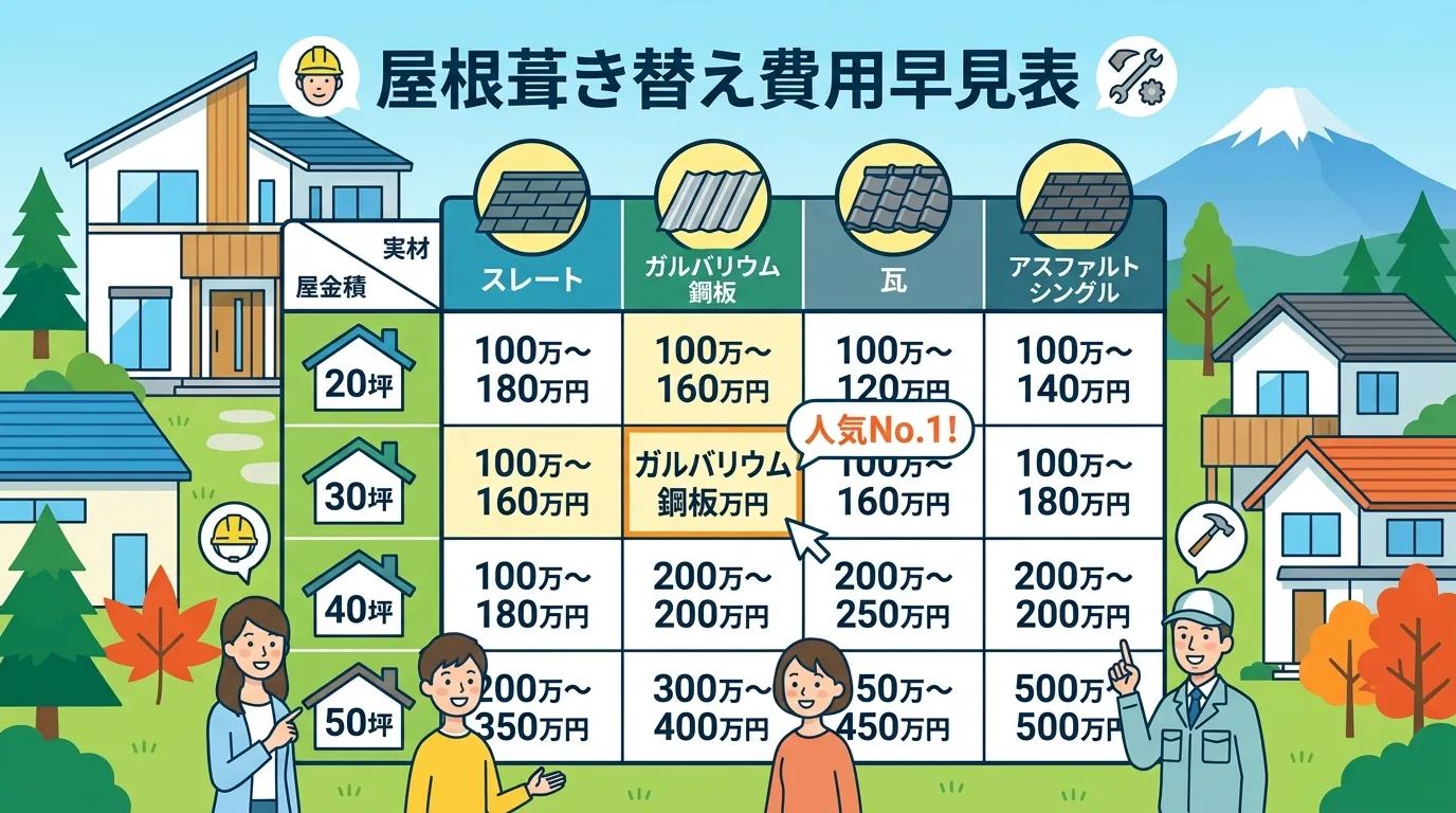 現代日本をベースに、日本人や日本の風景を使用すること, 「屋根葺き替え費用早見表」というタイトルのインフォグラフィック。清潔感のある明るい配色のフラットデザイン。縦軸に家のアイコンと「20坪,30坪,