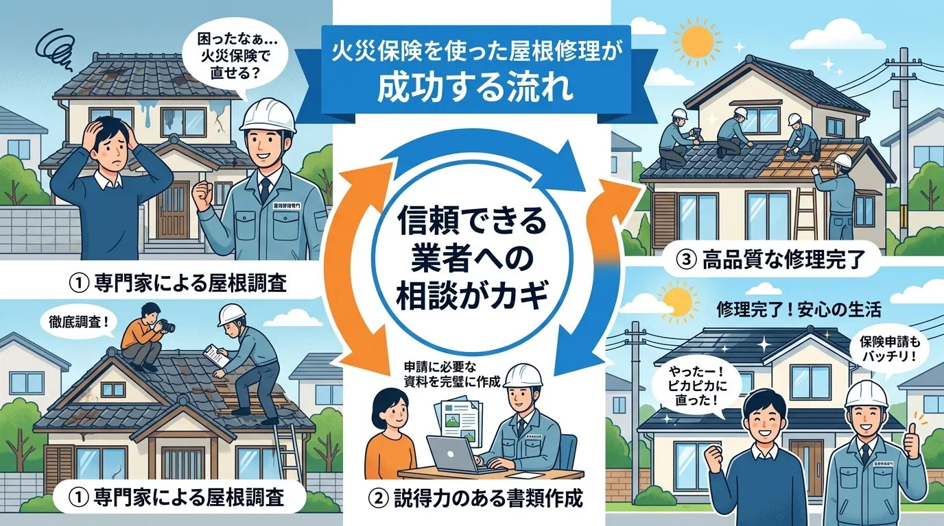 現代日本をベースに、日本人や日本の風景を使用すること, インフォグラフィック、フラットデザイン。火災保険を使った屋根修理が成功する流れを示す図解。困り顔の家の所有者が、ヘルメットを被った専門業者に相談