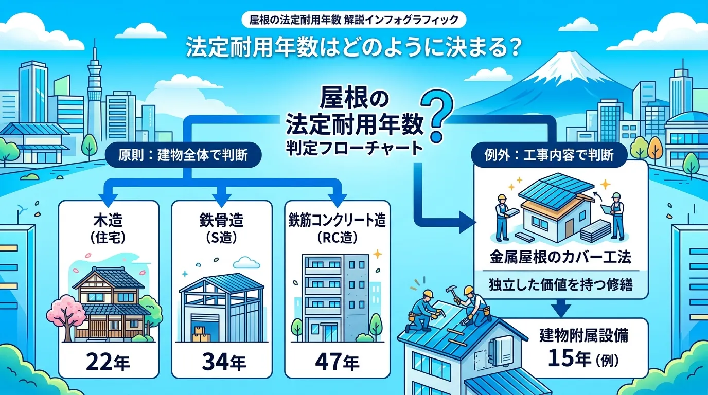 現代日本をベースに、日本人や日本の風景を使用すること, 「屋根の法定耐用年数」を解説するインフォグラフィック。中央の問いから「原則：建物全体で判断」と「例外：工事内容で判断」の2つに分岐するフローチャ