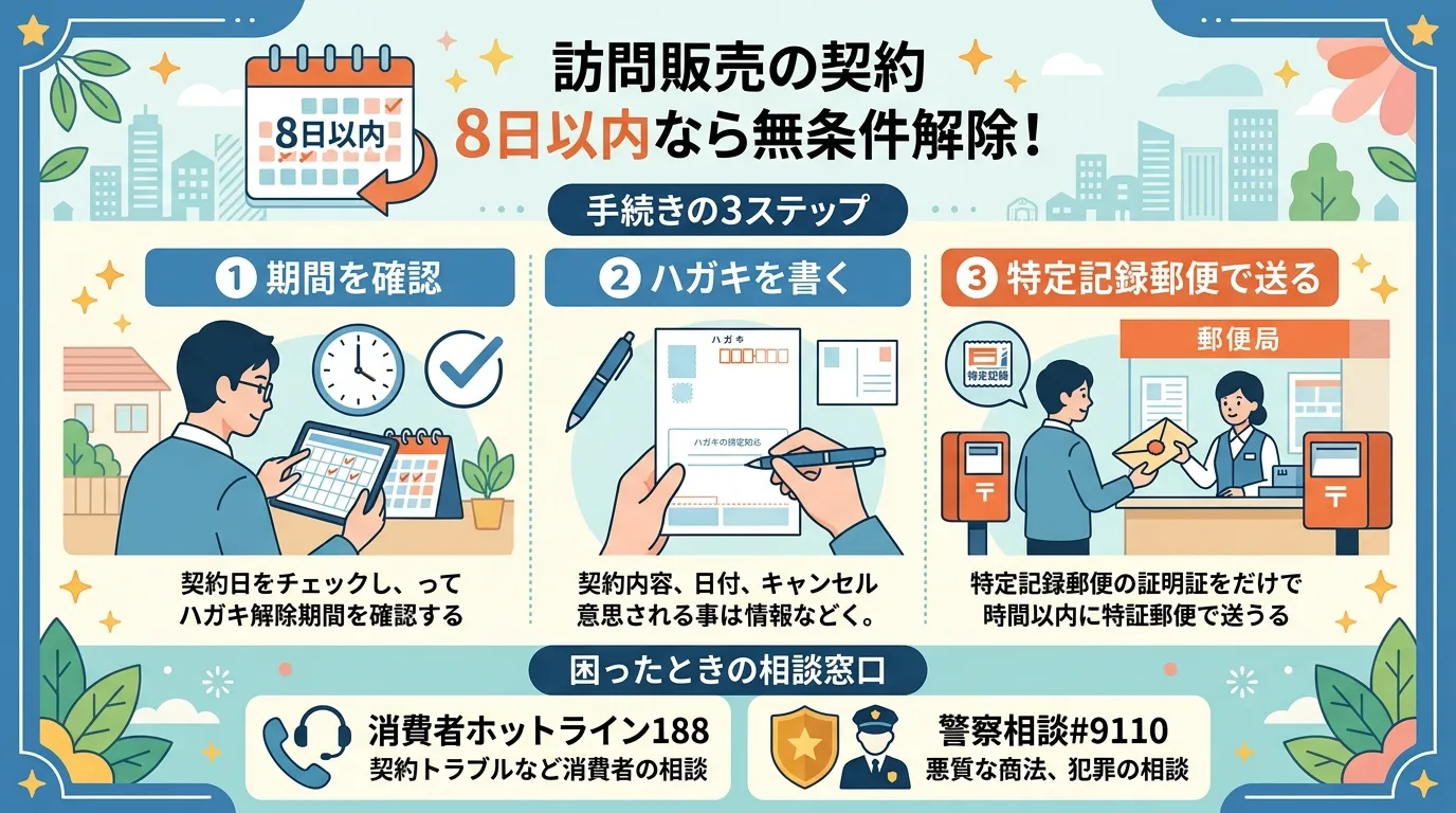 現代日本をベースに、日本人や日本の風景を使用すること, クーリングオフ制度の仕組みを解説するインフォグラフィック。中央に「訪問販売の契約 8日以内なら無条件解除！」という見出しとカレンダーのアイコンを