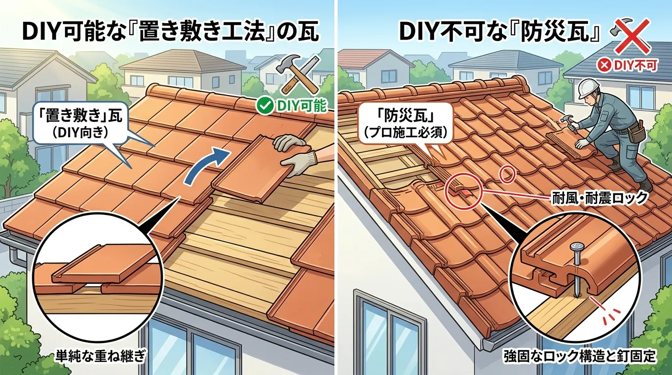 DIY可能な「置き敷き工法」の瓦と、DIY不可な「防災瓦」の比較写真。「置き敷き工法」は瓦が単純に重なっているだけ、「防災瓦」は瓦同士がロックする形状になっていたり、釘穴があったりする違いを明確に示す