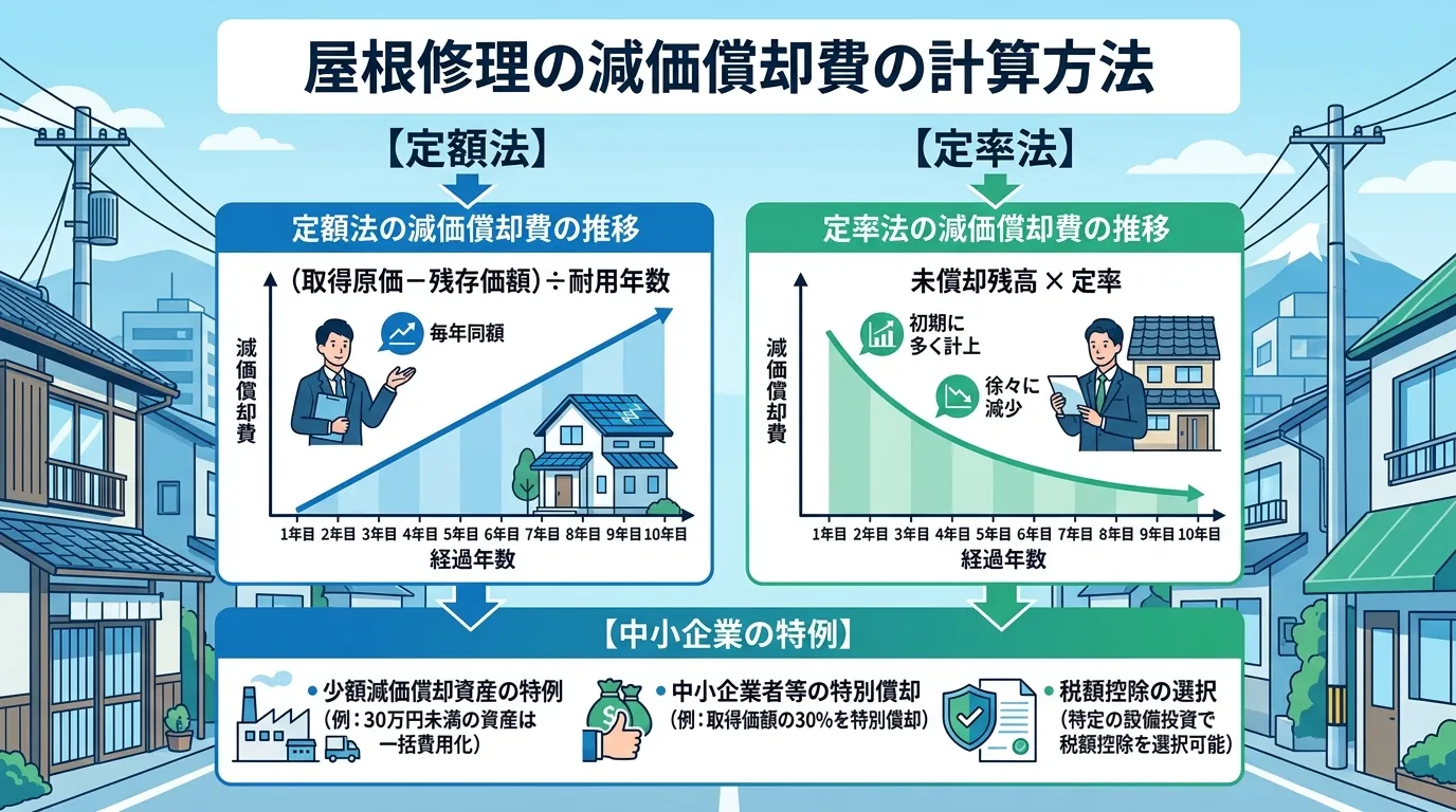 現代日本をベースに、日本人や日本の風景を使用すること, 屋根修理の減価償却費の計算方法を解説するインフォグラフィック。「定額法」と「定率法」を左右に並べて比較し、それぞれの減価償却費の推移を示す折れ線
