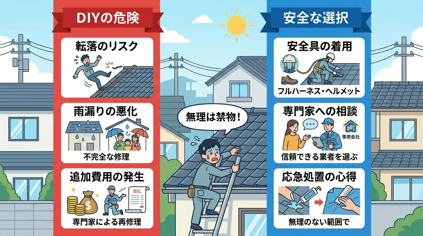 現代日本をベースに、日本人や日本の風景を使用すること, 屋根修理のDIYの危険性と安全な選択肢を対比で示すインフォグラフィック。左半分は赤色背景で「DIYの危険」として転落・雨漏り悪化・追加費用のアイ